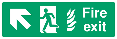 Fire exit (Left Door) Upper Left Diagonal Arrow 2 Sign - Safe Signs