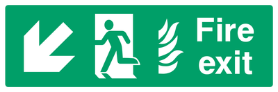 Fire exit (Left Door) Lower Left Diagonal Arrow 2 Sign - Safe Signs