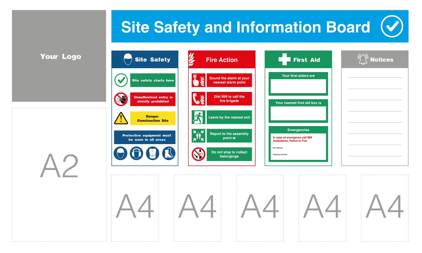 Custom Site Safety Information Board 1875x1125mm 5x A4, 1x A2 acrylic Pockets - Safe Signs