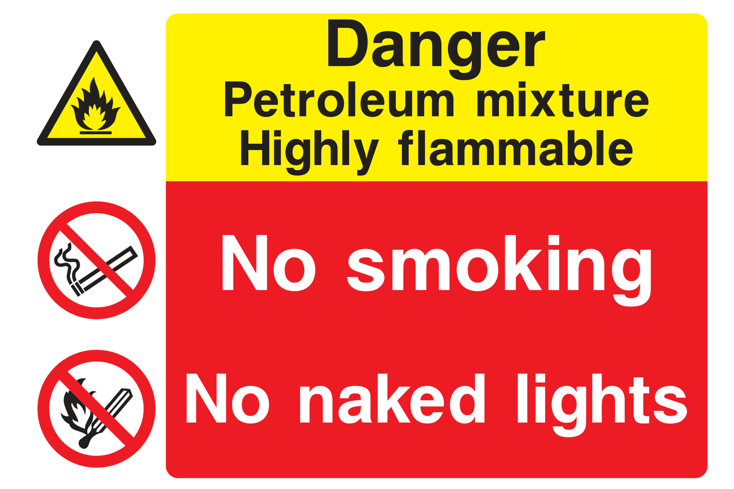 Danger Petroleum Mixture Highly Flammable / No Smoking / No Naked Lights Sign - Safe Signs