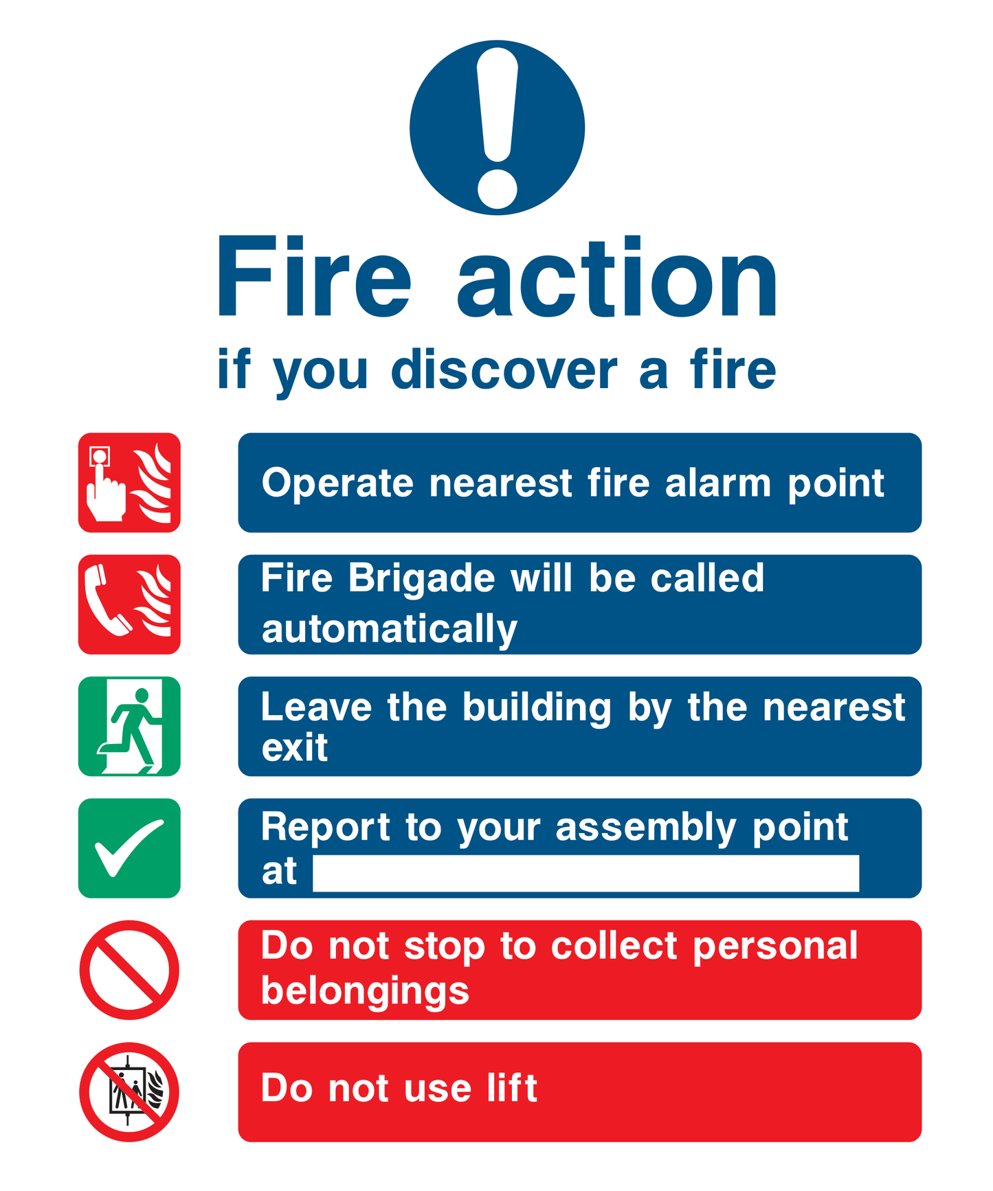 Fire action if you discover a fire (Fire Brigade automatically called) Sign - Safe Signs