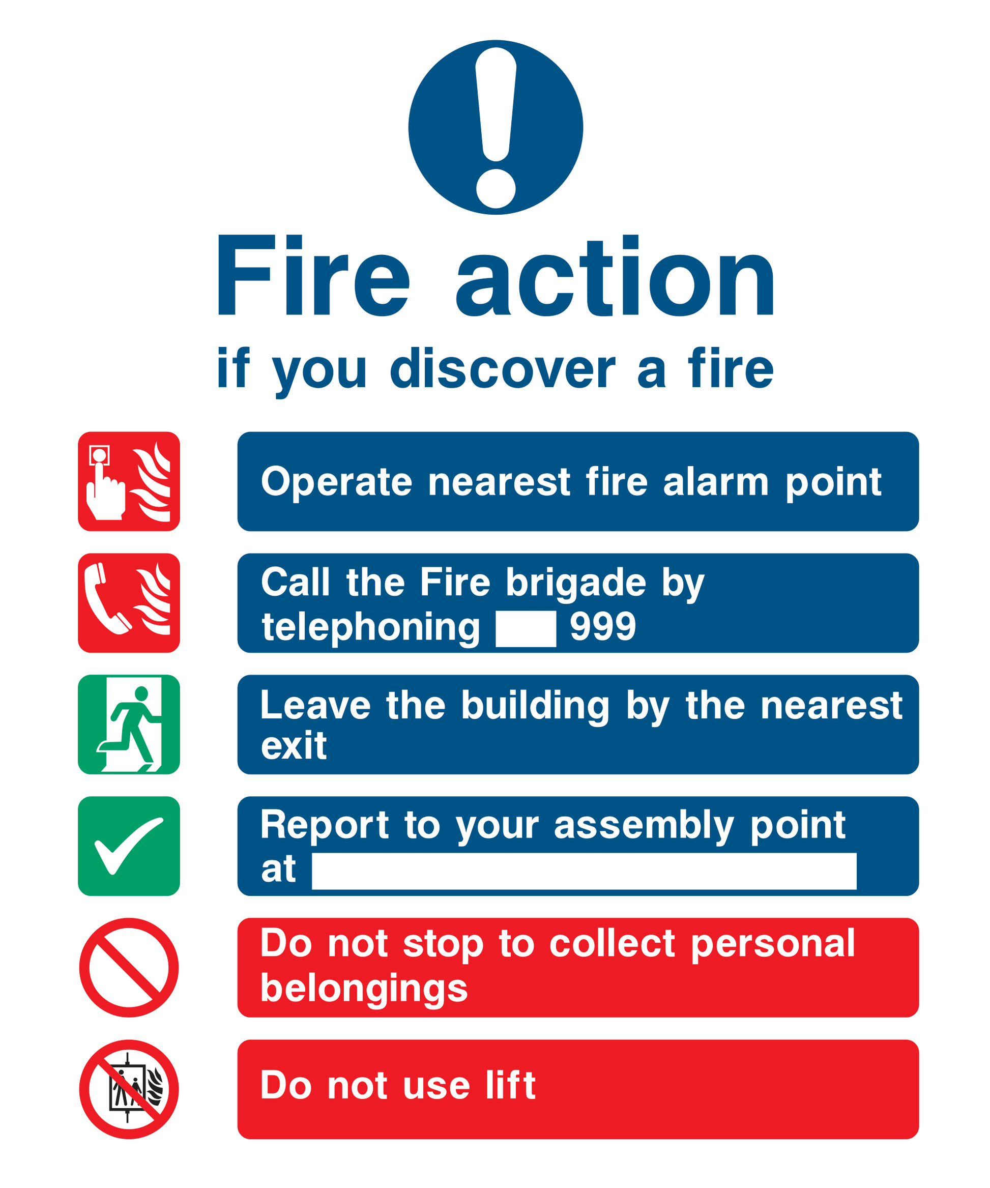 Fire action if you discover a fire (Telephone Fire Brigade) Sign - Safe Signs