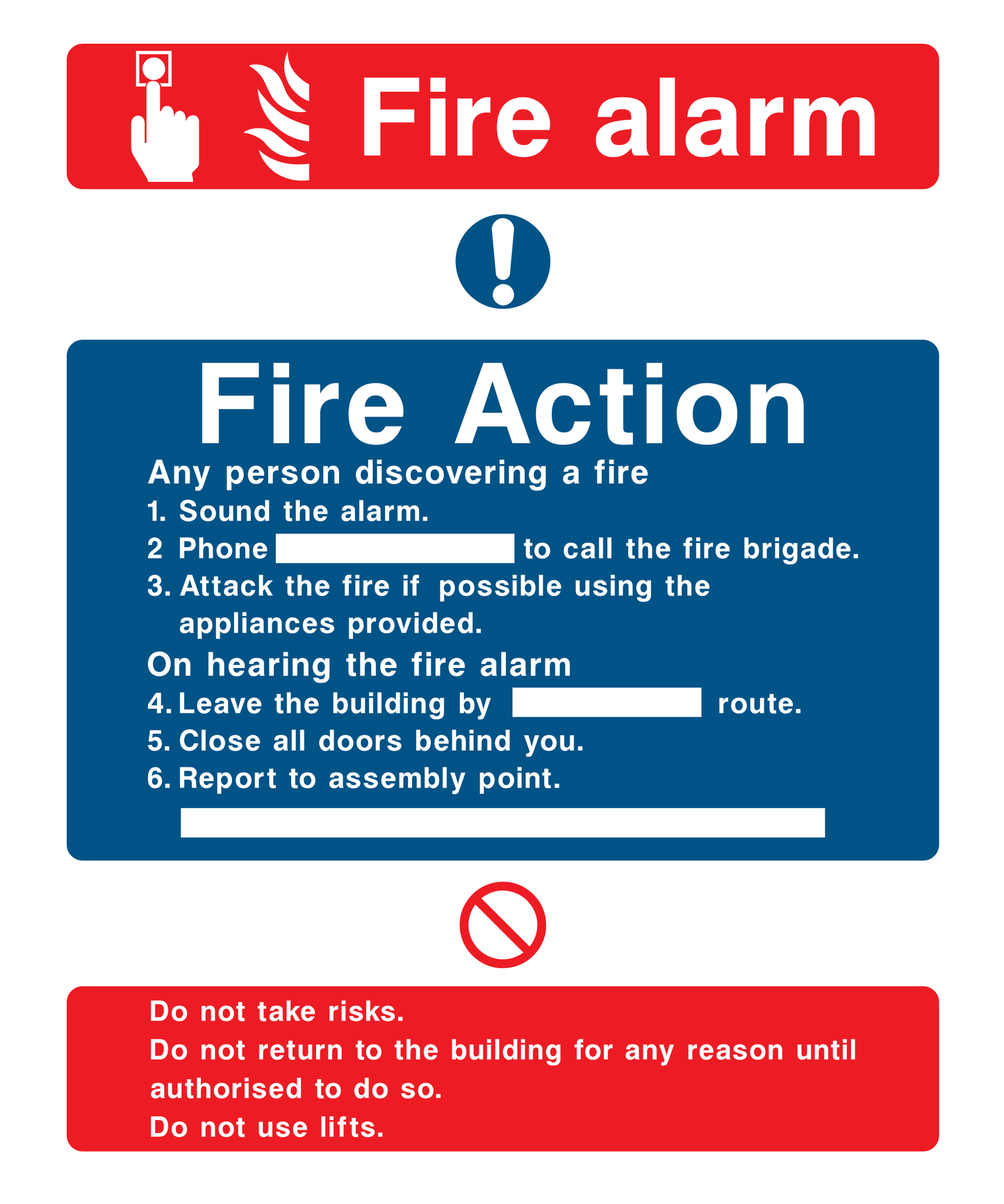 Fire alarm. Fire action if you discover a fire Sign - Safe Signs