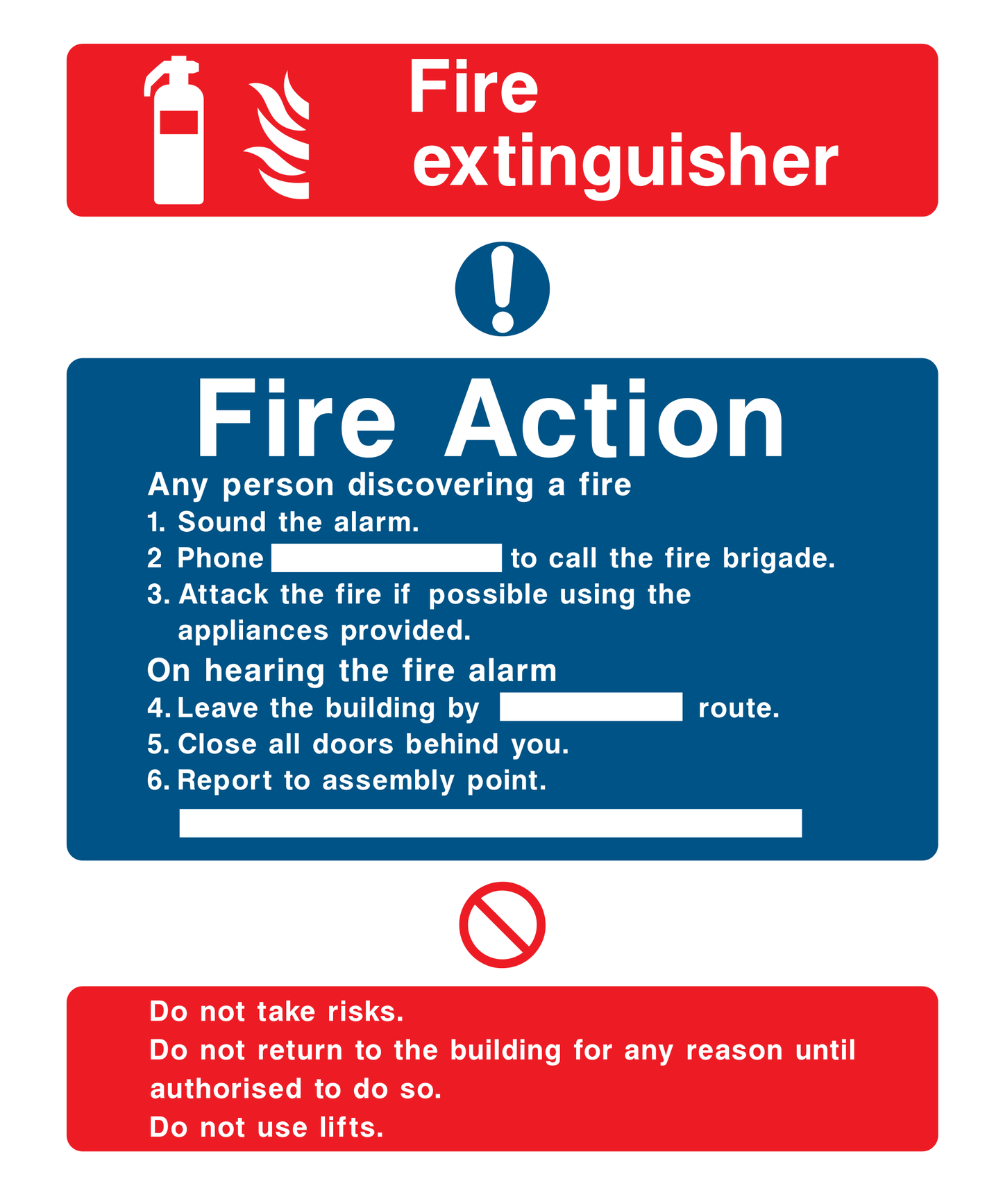 Fire extinguisher. Fire action if you discover a fire Sign - Safe Signs