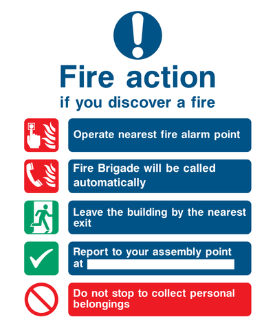 Fire action if you discover a fire (Fire brigade will be called automatically 2) Sign - Safe Signs