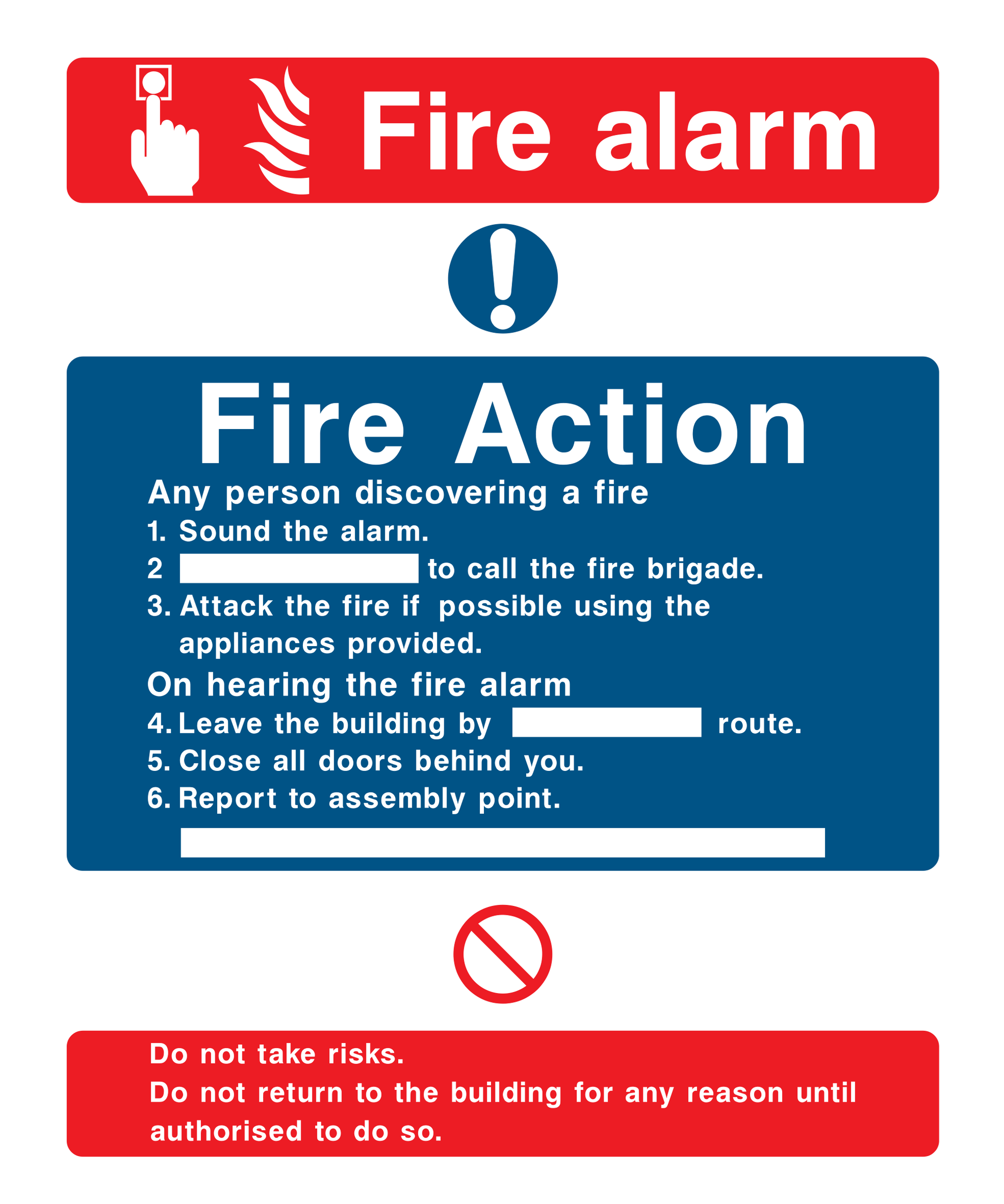 Fire alarm. Fire action if you discover a fire (2) Sign - Safe Signs