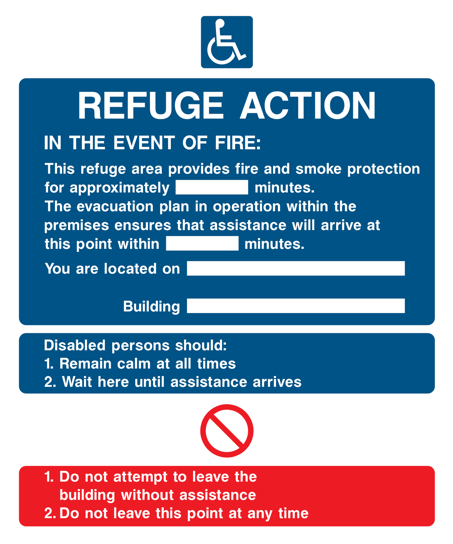 Refuge action. In the event of a fire (Disabled) Sign - Safe Signs