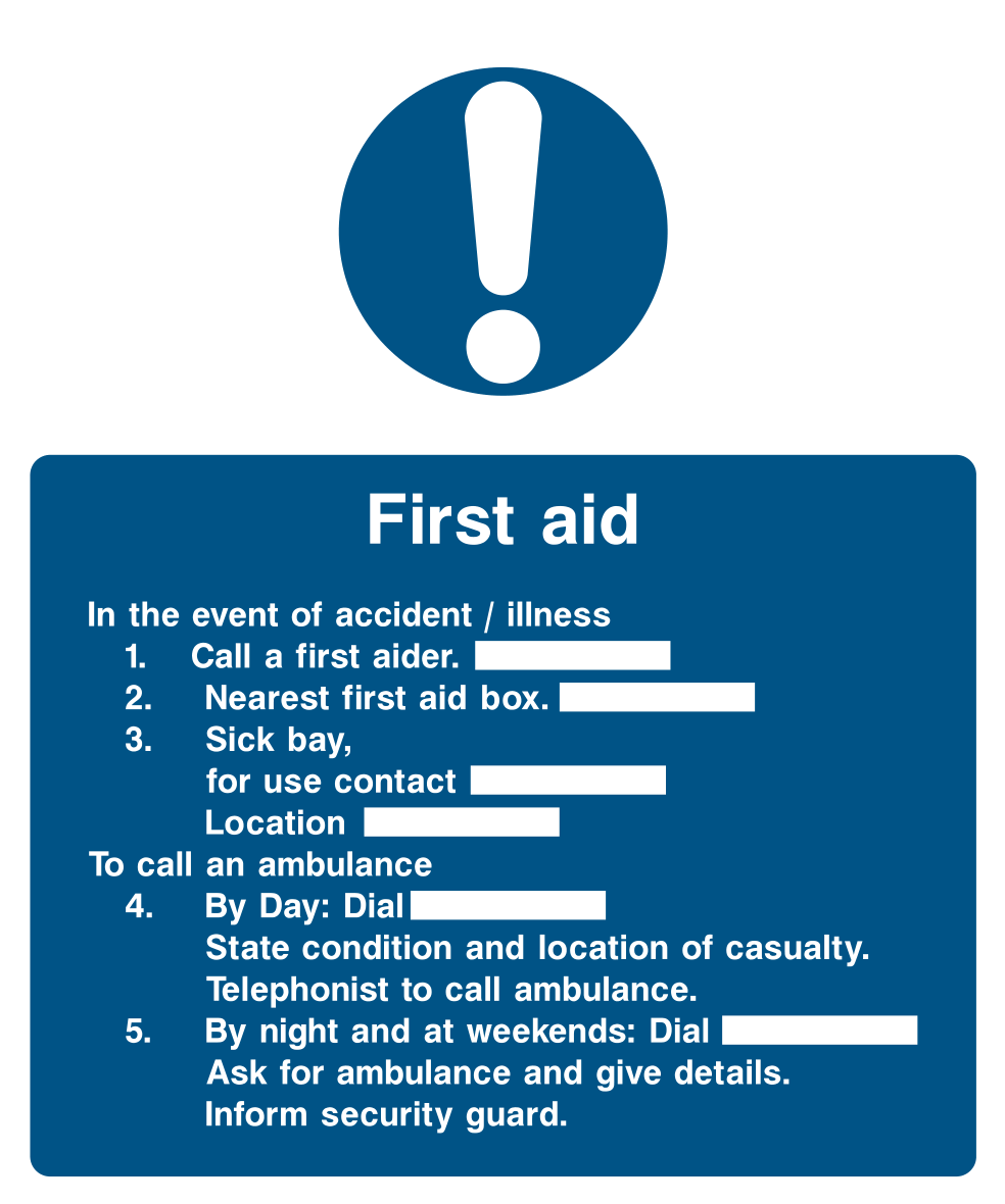 First aid. In the event of accident instructions Sign - Safe Signs