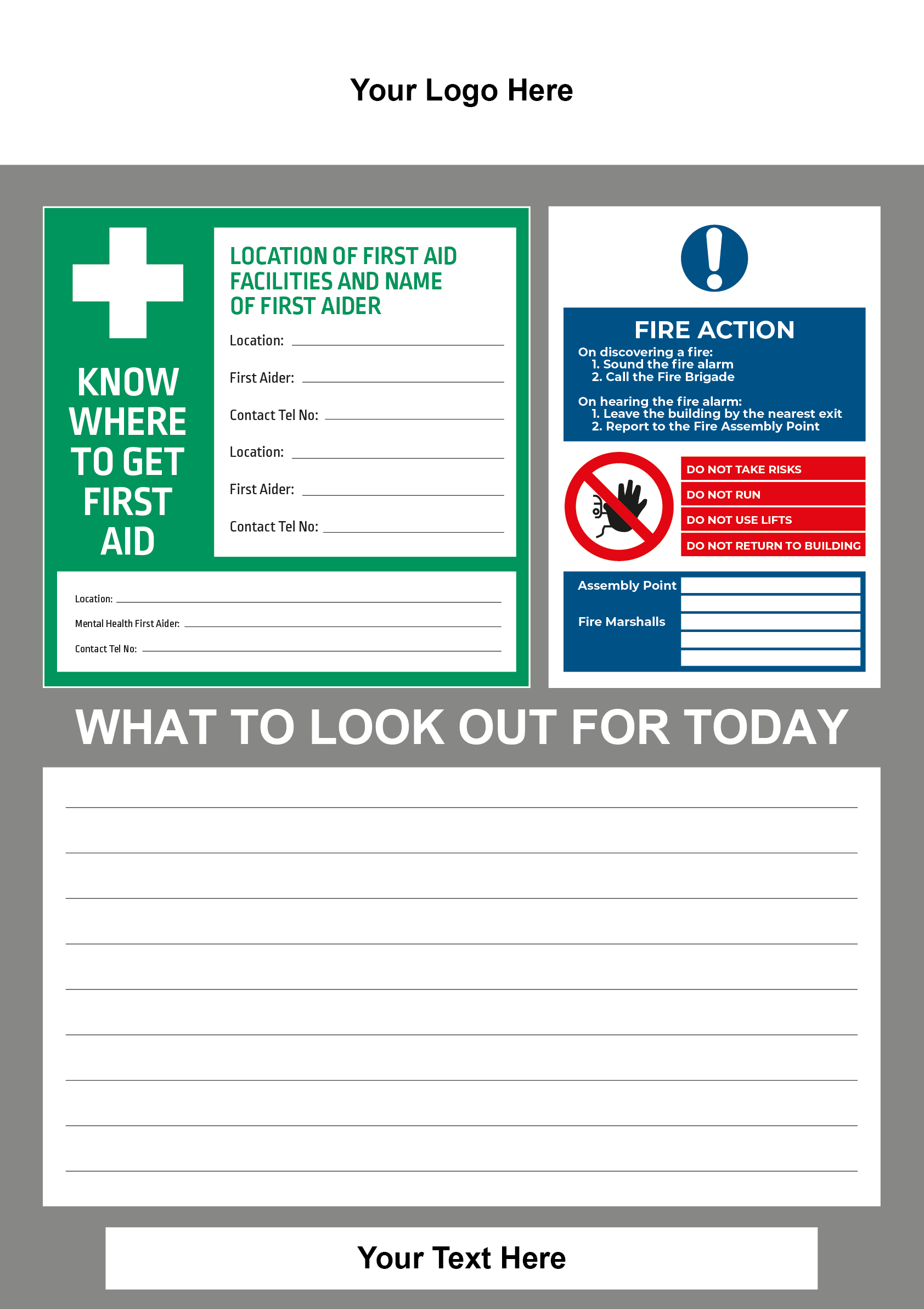 Custom First Aid & Fire Action Board A1 Sign by Safe Signs