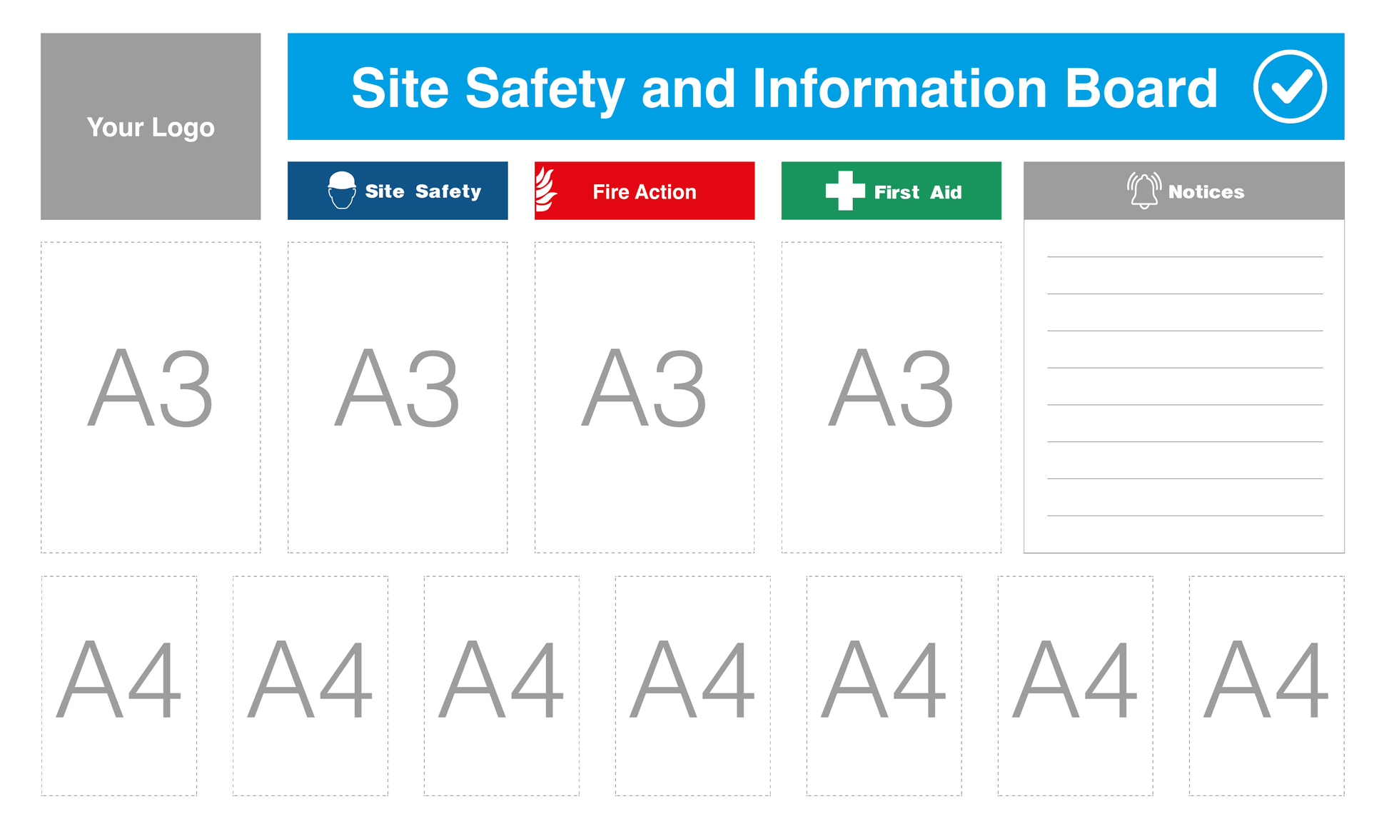 Custom Site Safety Information Board 1875x1125mm 7x A4, 4x A3  acrylic Pockets - Safe Signs