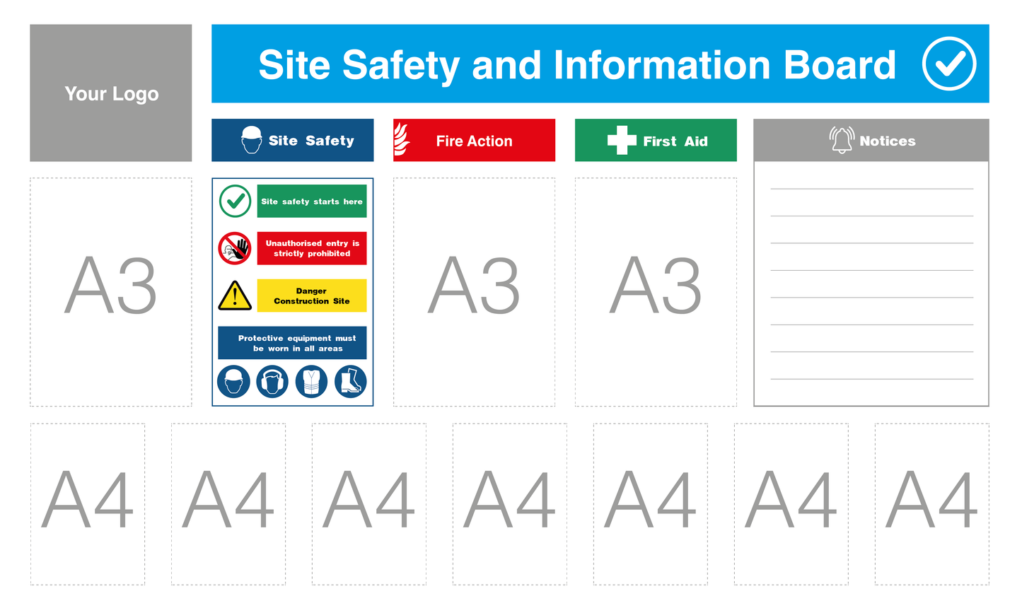 Custom Site Safety Information Board 1875x1125mm 7x A4, 3x A3  acrylic Pockets - Safe Signs