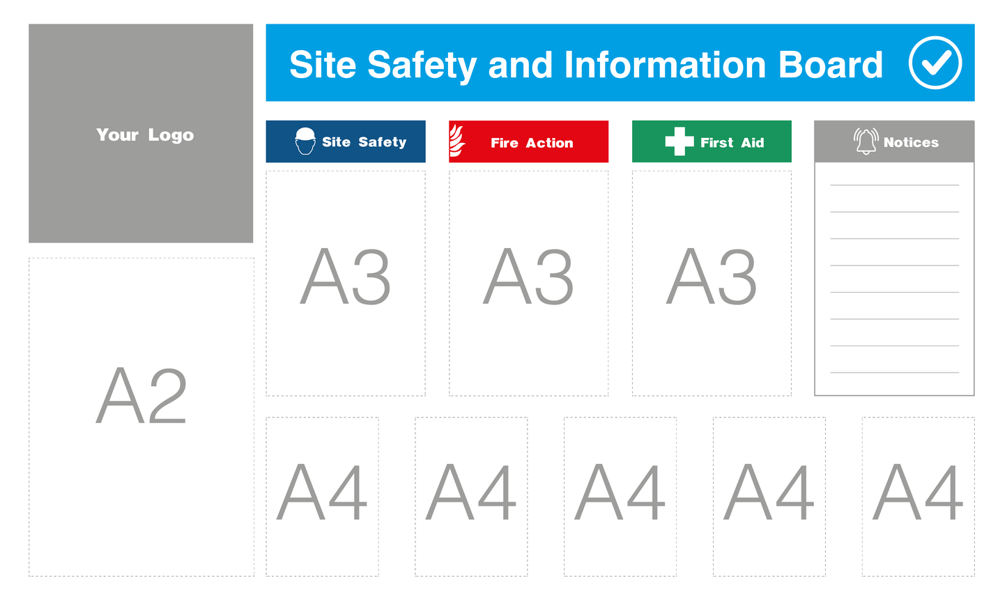 Custom Site Safety Information Board 1875x1125mm 5x A4, 3x A3  & 1x A2 acrylic Pockets - Safe Signs