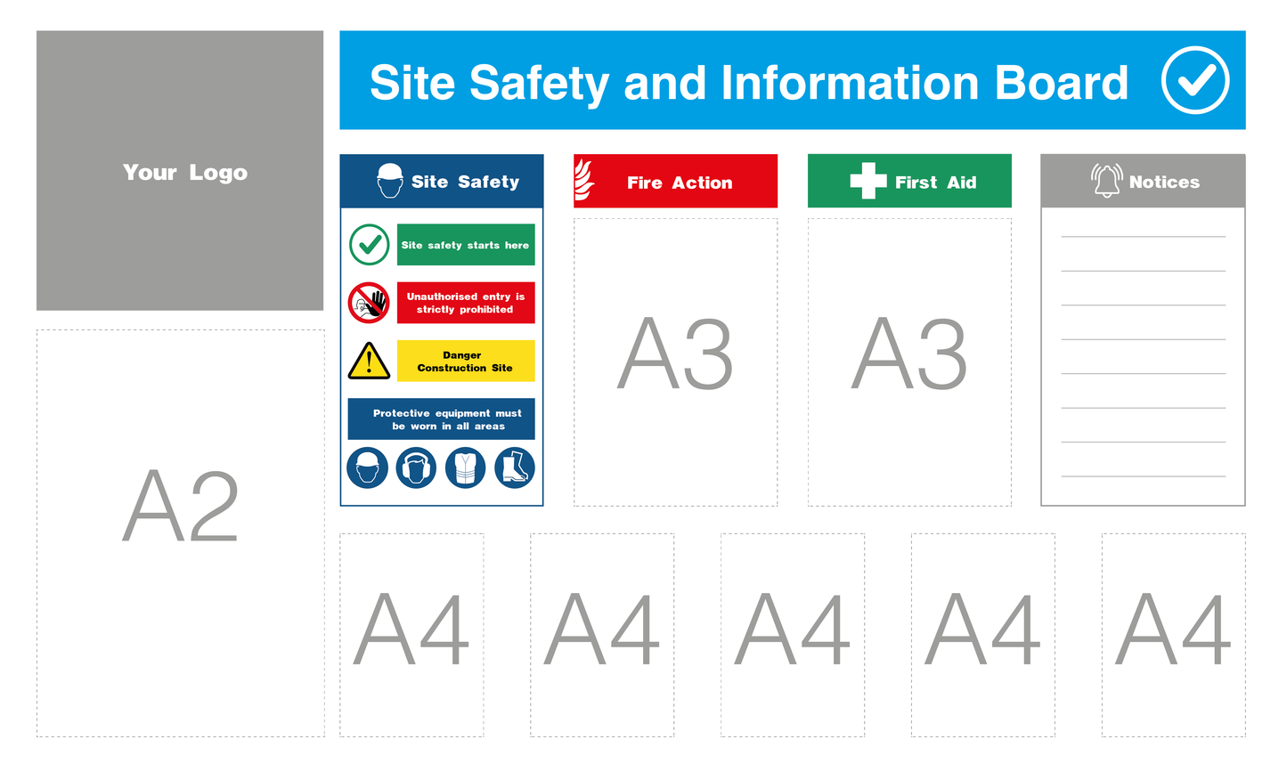 Custom Site Safety Information Board 1875x1125mm 5x A4, 2x A3  & 1x A2 acrylic Pockets - Safe Signs