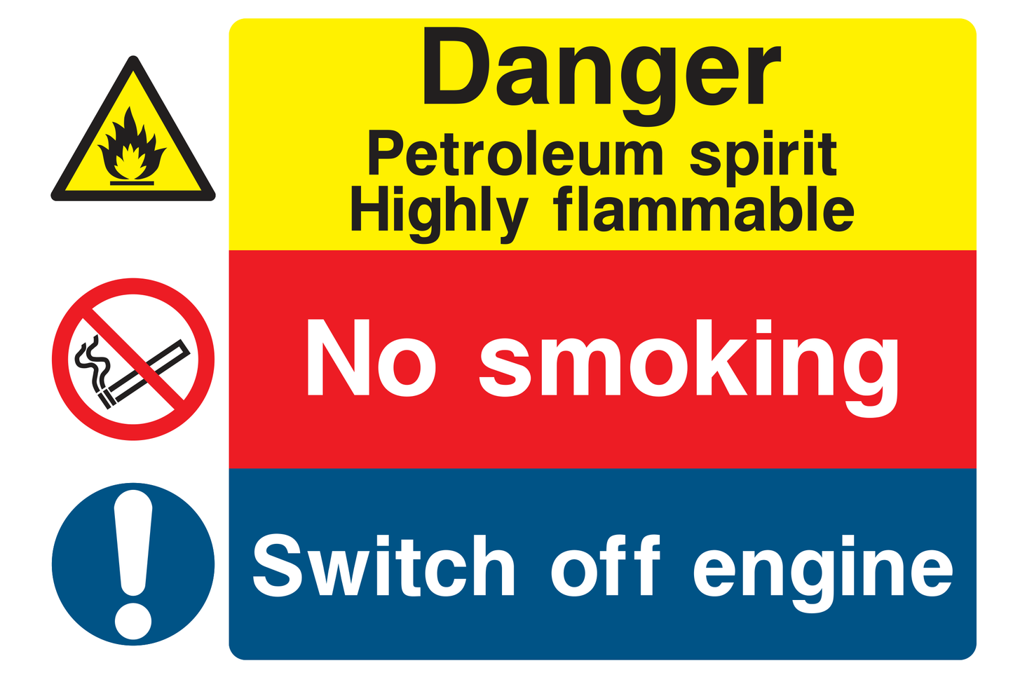 Danger Petroleum Spirit Highly Flammable / No Smoking / Switch Off Engine Sign - Safe Signs