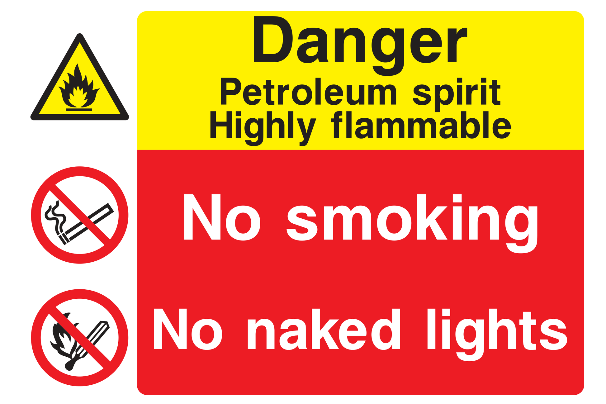 Danger Petroleum Spirit Highly Flammable / No Smoking / No Naked Lights Sign - Safe Signs