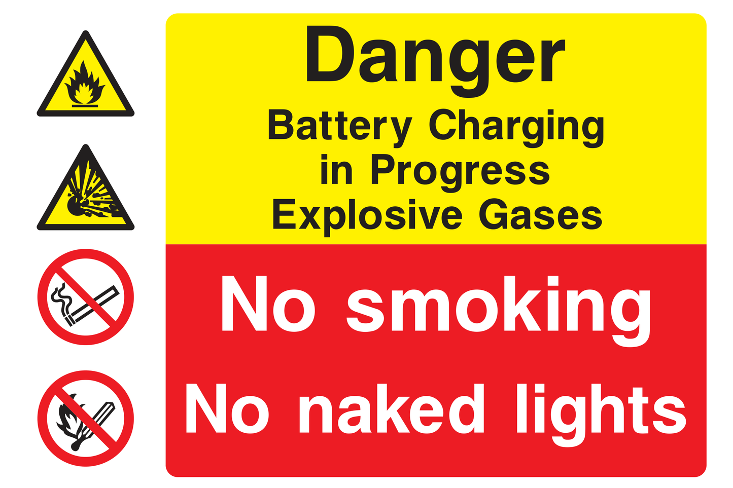 Danger Battery Charging In Progress Explosive Gasses / No Smoking / No Naked Lights Sign - Safe Signs