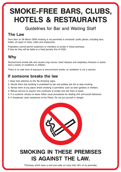 Smoke-Free Bars, Clubs, Hotels & Restaurants Guidelines Sign - Safe Signs