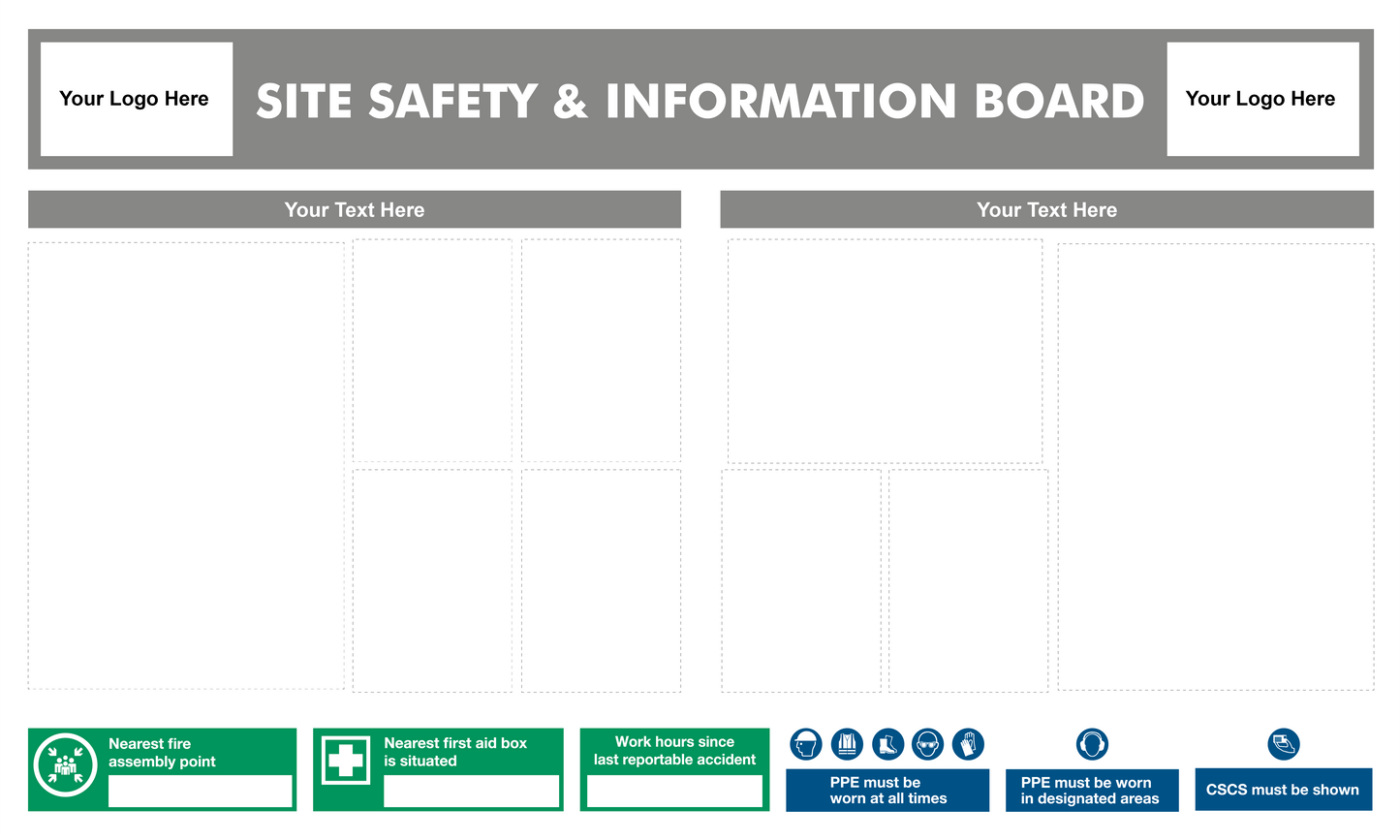 Custom Site Safety Information Board 1875x1125mm 6x A4, 1x A3, 2x A2 acrylic Pockets - Safe Signs