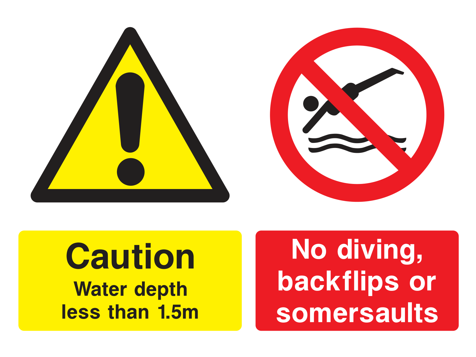 Caution Water Depth Less Than 1.5m / No Diving, Backflips Or Somersaults Sign - Safe Signs